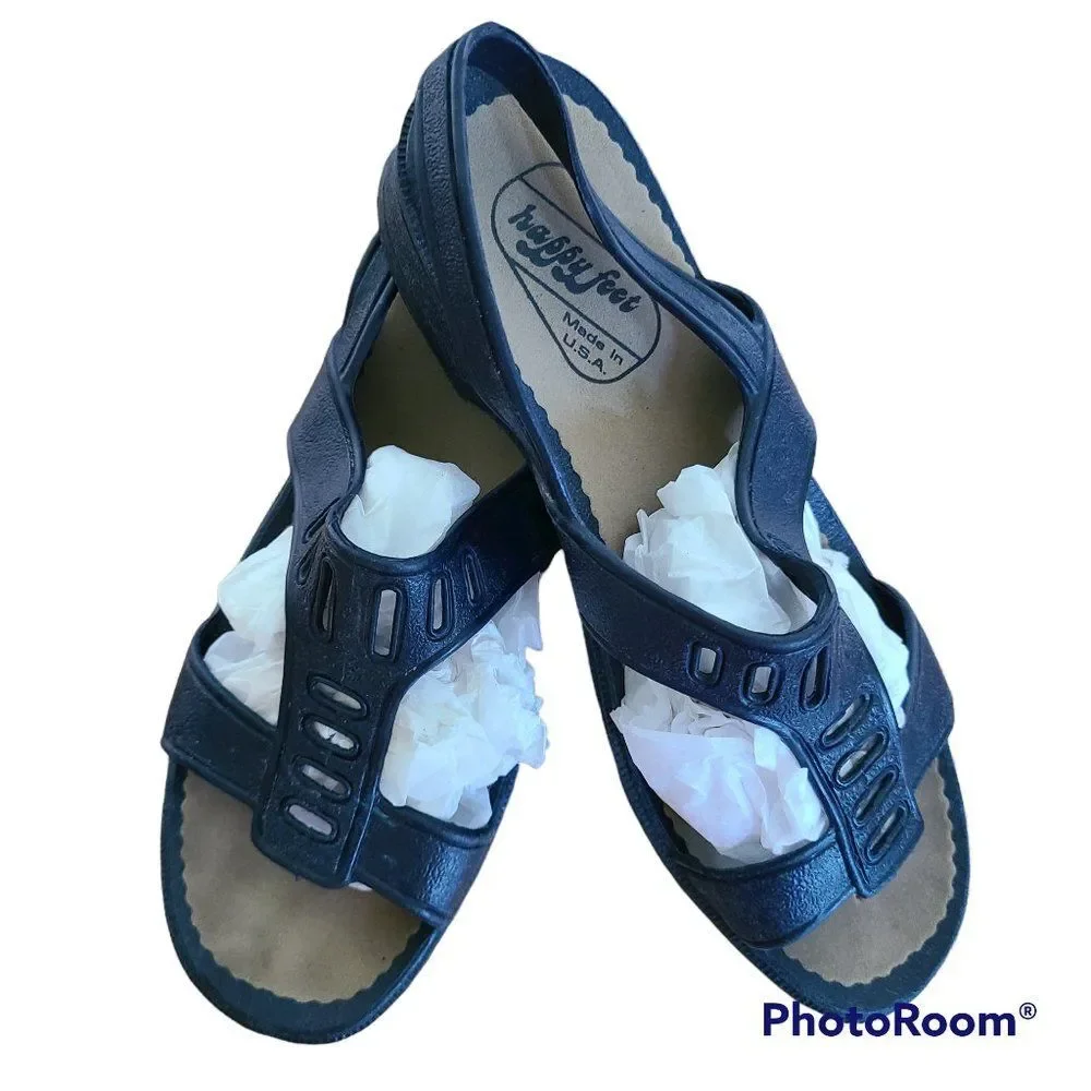 Vintage Women's Happy Feet Navy T-Strap Sandals Size 24 CM ~7 US Made Corona, CA